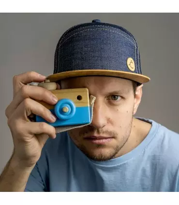 šiltovka, čapica, modrá jeans, 6 panel, drevo, dub hrčatý, drevený šilt, bavlna, pohľad s predu
